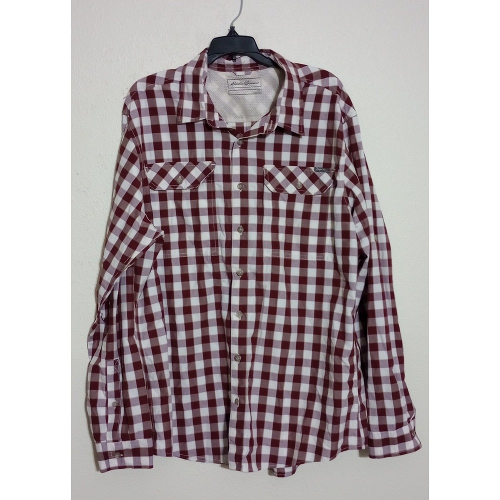 Eddie Bauer Mens XL Tall Burgundy White Plaid Long Sleeve Button Down Shirt
